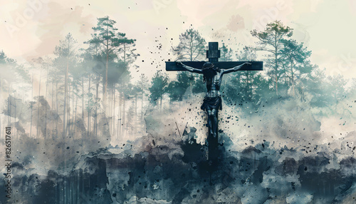 A silhouette of a cross with a figure on it, set against a misty forest background.