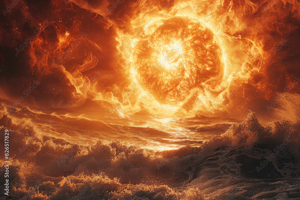 Illustration of a sun-like star at the center of a vibrant galaxy, with solar flares resembling beach waves, Illustration of a sun-like star at the center of a vibrant galaxy, with solar flares resembling beach waves,