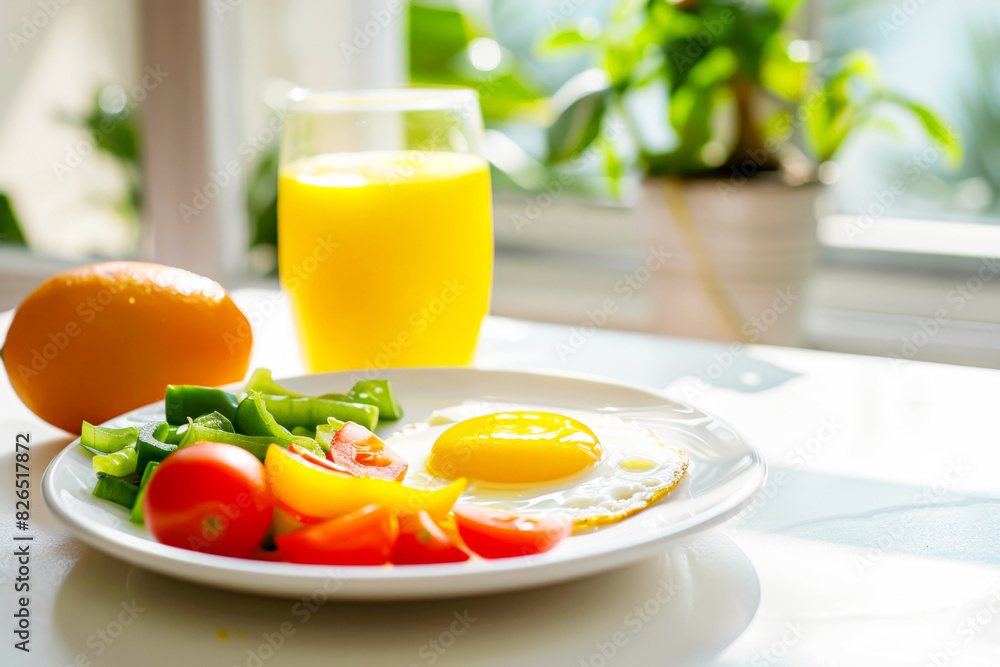 A nutritious breakfast plate featuring a sunny-side-up egg, sliced vegetables, and a glass of fresh orange juice, set on a bright table. A nutritious breakfast plate featuring a sunny-side-up egg, sliced vegetables, and a glass of fresh orange juice, set on a bright table.