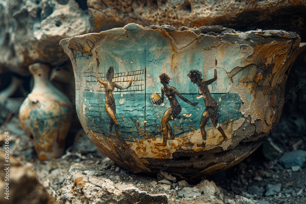 Fototapeta premium Artistic depiction of a fragment of pottery featuring a painted scene of a beach volleyball game from antiquity,