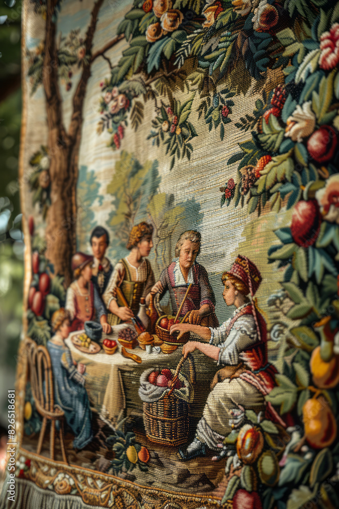 Image of an ancient tapestry showing a family picnic with woven images of picnic baskets and summer foods, Image of an ancient tapestry showing a family picnic with woven images of picnic baskets and summer foods,