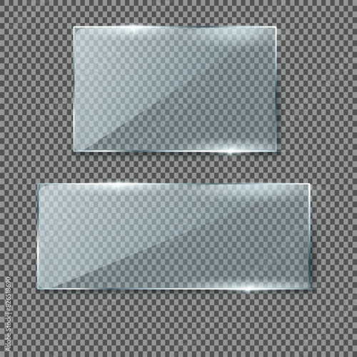 Realistic set of transparent glass plates, blank shining frames isolated on background.