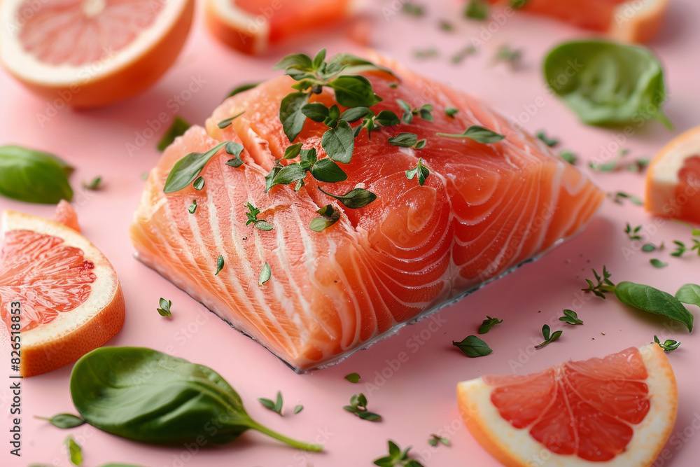 Fresh salmon fillet with grapefruit slices and basil on a pink background Fresh salmon fillet with grapefruit slices and basil on a pink background