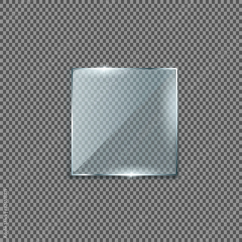Realistic set of transparent glass plates, blank shining frames isolated on background.