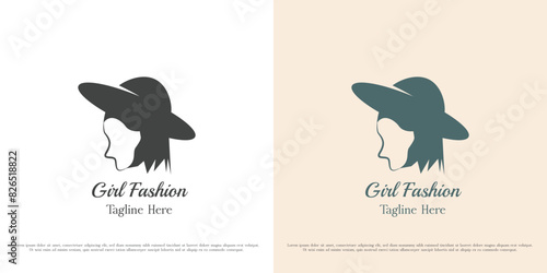 Illustration of a girl wearing a hat logo design. Silhouette of beautiful woman wearing accessories jewelry gift hat fashion lifestyle. Simple flat icon symbol minimal elegant luxury feminine classy.