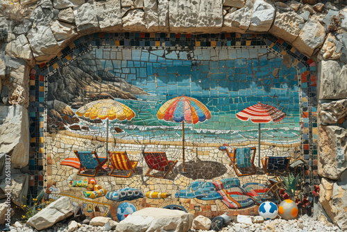 Artistic depiction of a mosaic from an ancient ruin, depicting a beach scene complete with towels, umbrellas, and sand toys, photo