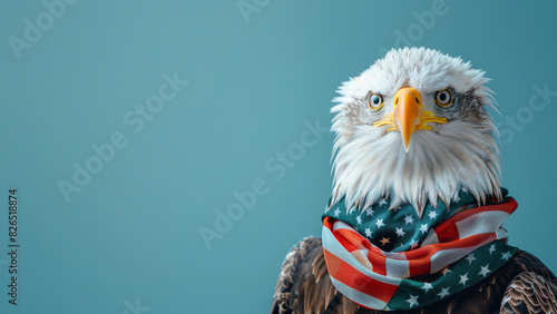 Bald eagle with American flag scarf on a blue background
