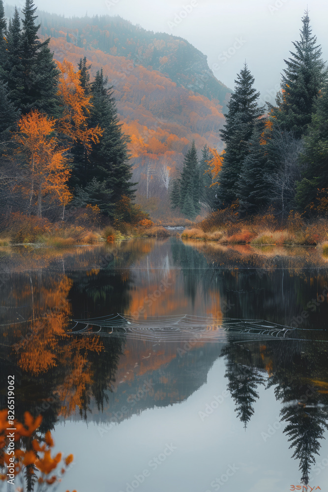 Image of a mountain lake, its reflection captured in multiple dewdrops on a spider web, creating a mosaic of the serene landscape, Image of a mountain lake, its reflection captured in multiple dewdrops on a spider web, creating a mosaic of the serene landscape,