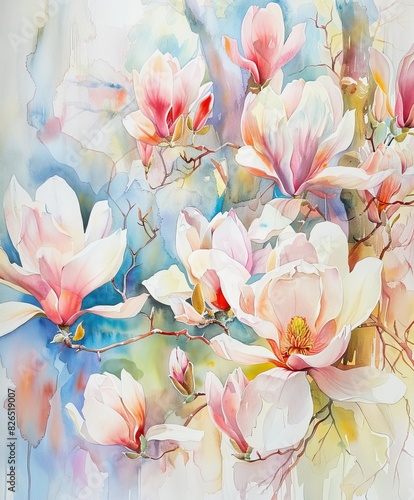 Blooming Magnolias in a Vibrant Watercolor Painting on Canvas
