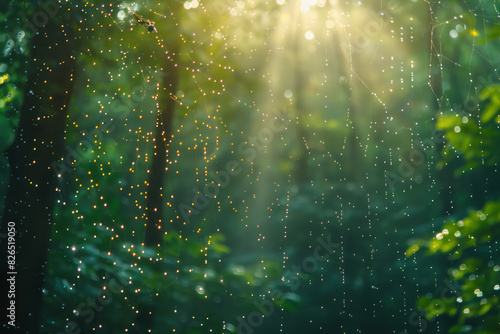 Scene of a sunlit forest glade  with the image of the forest mirrored in tiny dewdrops hanging from a delicate web 