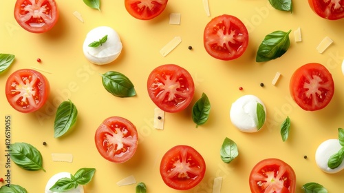 Colorful Food Advertising Banner with Slices of Tomatoes  Mozzarella Cheese  and Fresh Basil on Sunny Yellow Background