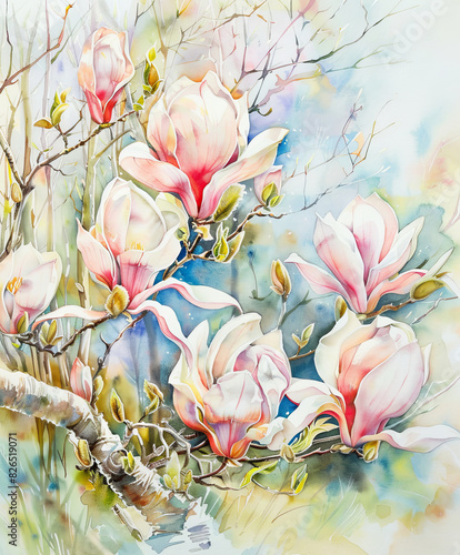 Blooming Magnolias in a Vibrant Watercolor Painting on Canvas