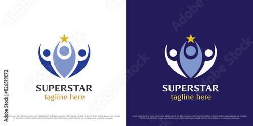 Work teamwork logo design illustration. Silhouettes of people group individuals colleagues friends office work company business leader star success achievement. Modern minimal simple flat icon symbol.