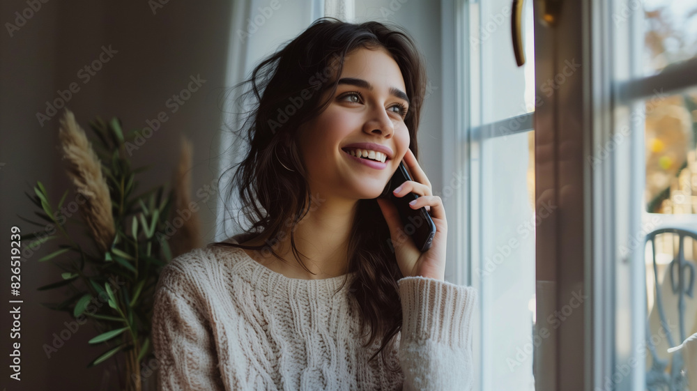 Woman phone smiling cosy sales business on the phone brunette