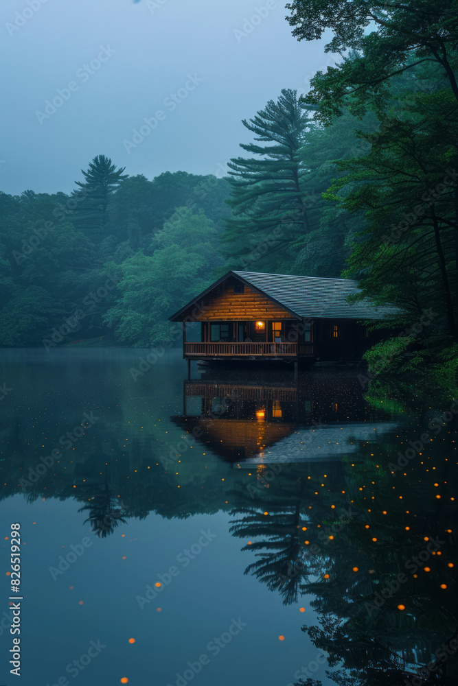 Fototapeta premium Scene of a quiet lakeside cabin, the peaceful summer setting reflected in tiny, perfectly round dewdrops,