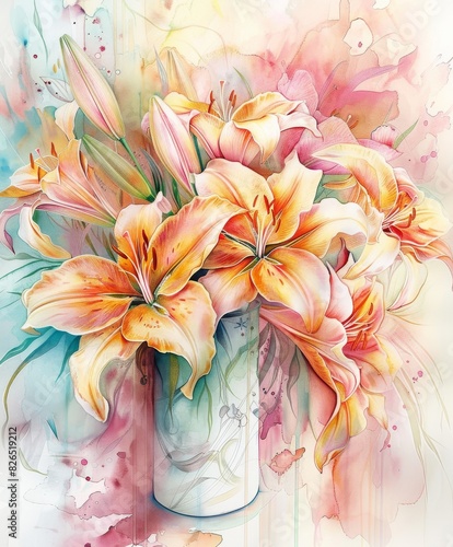 Beautiful  Lilies in a Glass Vase With Watercolor Background