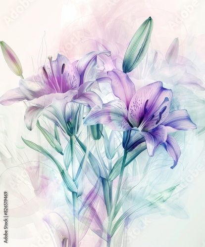 Beautiful  Lilies in a Glass Vase With Watercolor Background