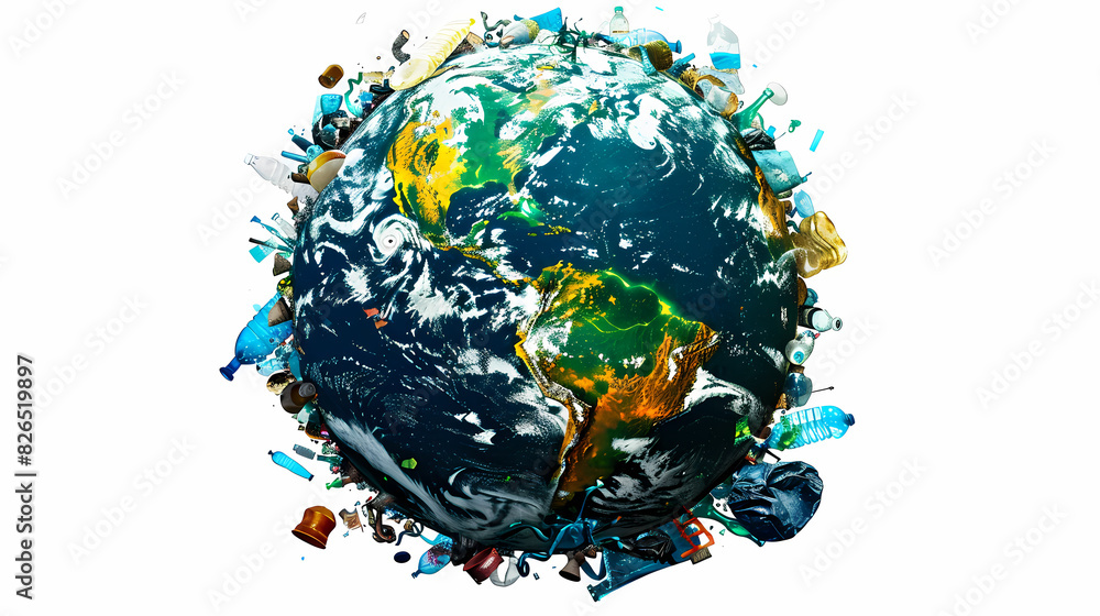 Artistic illustration of planet earth covered with plastic and waste. Transparent background. Isolated object. PNG file. Concept of pollution, plastic, waste, environment, destruction, climate change.