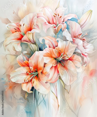 Beautiful  Lilies in a Glass Vase With Watercolor Background