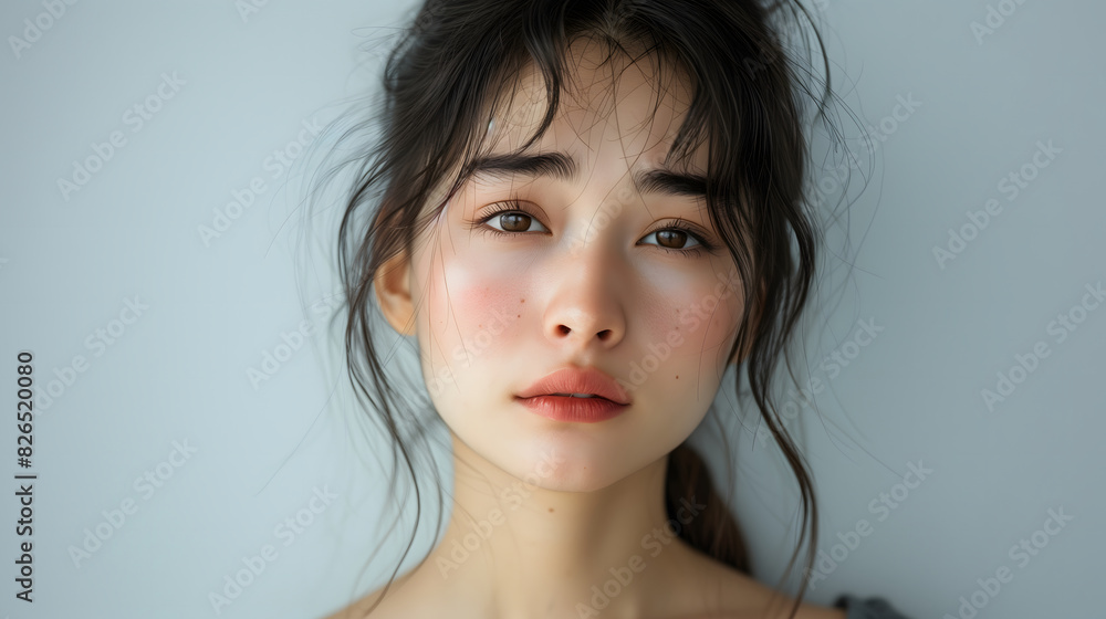 Close-Up Portrait of a Young Woman with Sad Expression and Natural Makeup Close-Up Portrait of a Young Woman with Sad Expression and Natural Makeup
