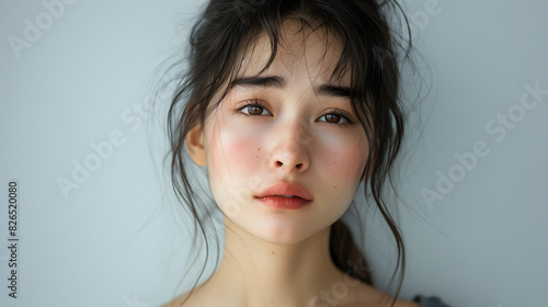 Close-Up Portrait of a Young Woman with Sad Expression and Natural Makeup