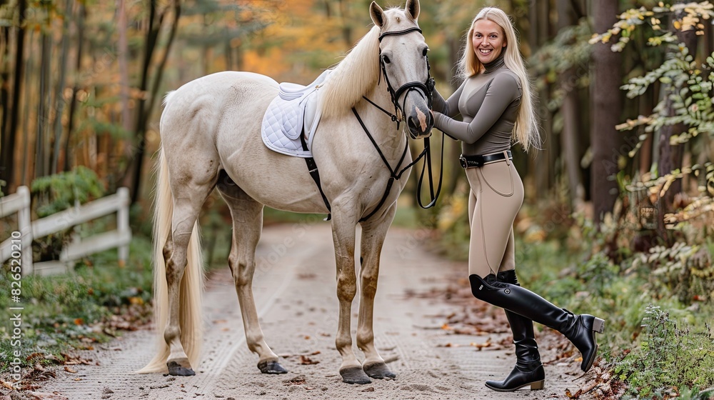 Photo Art Print a woman adorned in black riding boots and beige leggings and her horse as she affectionately pets it smiling warmly at the camera lililia
