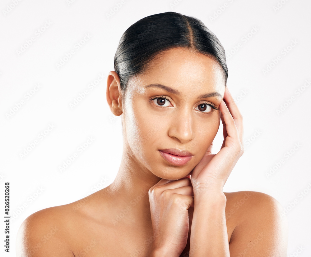 Portrait, woman and cosmetics in studio for dermatology, skincare and glow or wellness by white background. Beauty, makeup and face for shine, collagen and benefits or results for transformation Portrait, woman and cosmetics in studio for dermatology, skincare and glow or wellness by white background. Beauty, makeup and face for shine, collagen and benefits or results for transformation