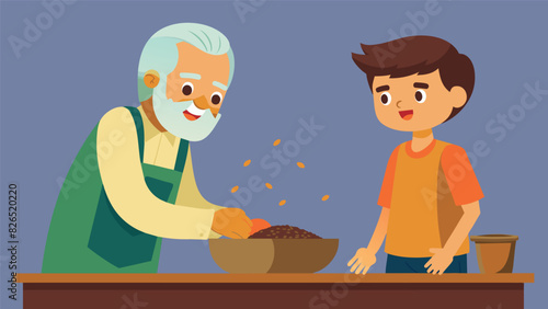 Generations of knowledge and tradition were passed down as an old man showed his grandson how to turn dried flax seeds into flaxseed oil using their. Vector illustration