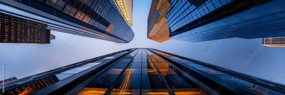 View from below of tall city buildings with modern glass exteriors, reflecting surroundings