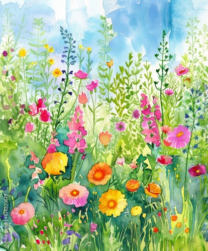 Lush Flower Garden in Full Bloom With Pathway Through Forested