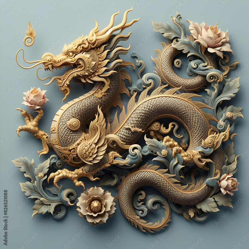 custom made wallpaper toronto digitalChinese dragon, auspicious, auspicious color, lotus flower, good meaning, luck, wealth, rich.