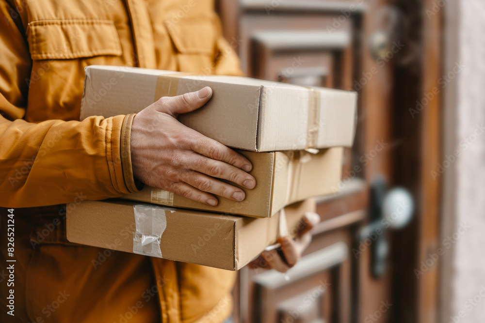 Obraz premium Man delivers parcels close to a door