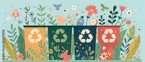 Zero Waste illustrated Vectors, Separating waste, protecting the environment, flat color, recycled bin, saving Earth, oxygen, green ever