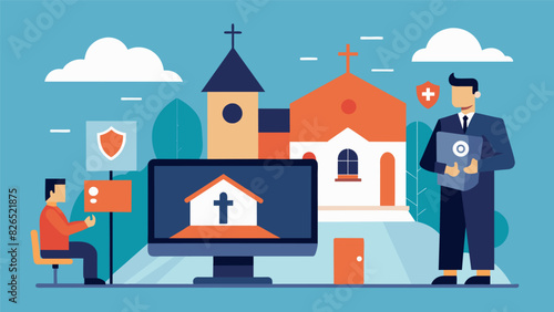 A video demonstration showcases advanced security technology that can be used to monitor and protect church property.. Vector illustration