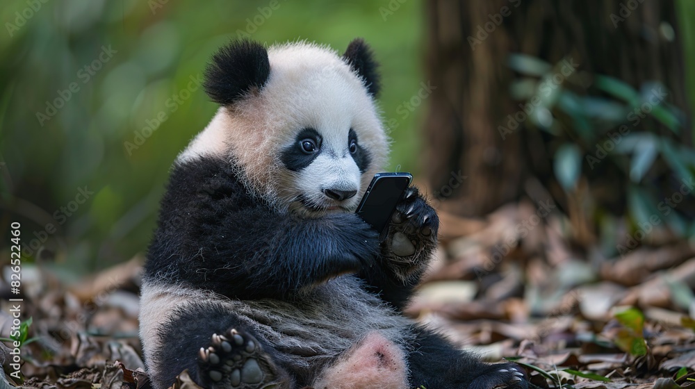 baby panda bear with a cell phone. Generative Ai baby panda bear with a cell phone. Generative Ai