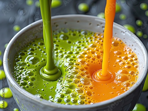 Let's mix green and orange juices in a big cup! It'll be super colorful and tasty. We can pretend we're making magic potions. Let's take turns pouring and mixing.
