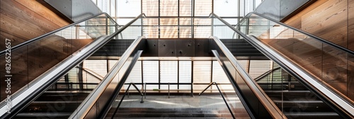 A view of an escalator in a modern building with glass walls and sleek metal railings creating a contemporary atmosphere