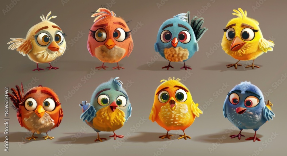 Characters. Round Cartoon Characters in Motion - Cool, Happy, Cute Illustration of Funny Chick