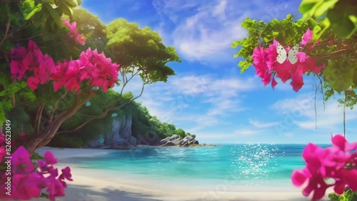 Wallpaper Mural nuances of the beauty of Outih sand beach with calm water and very beautiful blooming bougainvillea flowers, seamless looping time lapse virtual 4k video animation background. Torontodigital.ca