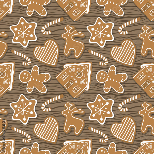 Christmas Pattern. Seamless Print with Gingerbread Cookies. Gingerbread houses, deer, heart, Gingerbread Man, star. Cute Background. Template. Vector illustration on wooden background