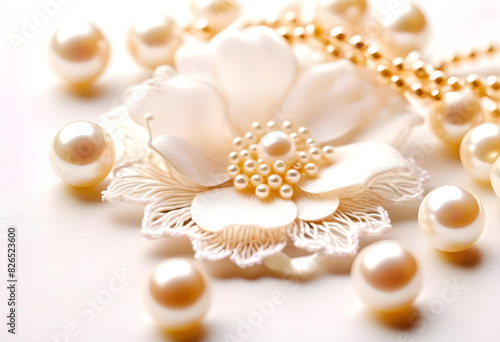 A close-up of a white lace flower with pearls scattered around it