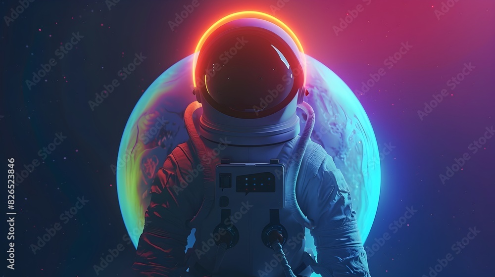 Obraz premium Minimalist D Cartoon Astronaut Orbiting Iridescent Planet