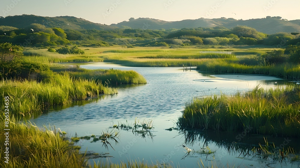 Serene Coastal Wetland with Migratory Birds and Lush Vegetation Highlighting the Importance of Coastal Ecosystems and Nature Sustainability Serene Coastal Wetland with Migratory Birds and Lush Vegetation Highlighting the Importance of Coastal Ecosystems and Nature Sustainability