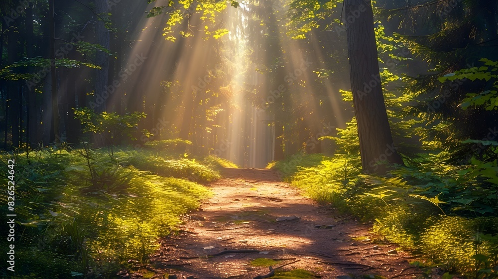 Obraz premium Serene Forest Trail with Sunlight Filtering Through the Lush Greenery Inviting and Harmony with Nature