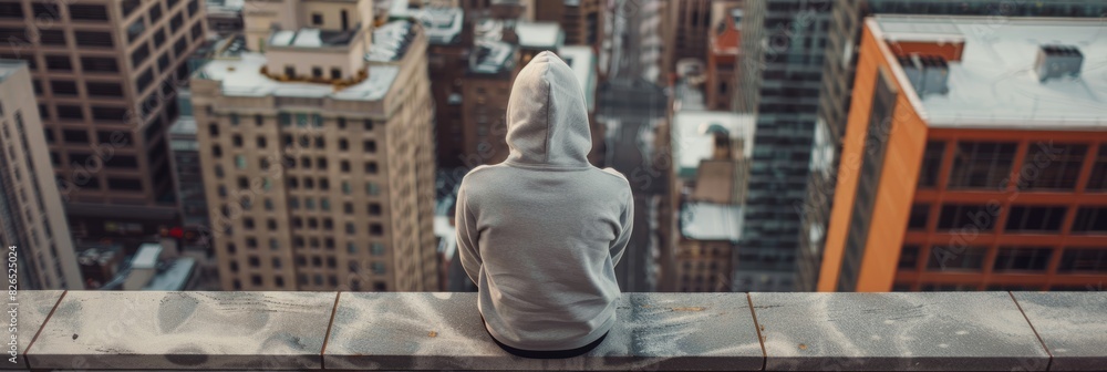 A young model sitting on a concrete bench atop a tall building, wearing a plain hoodie