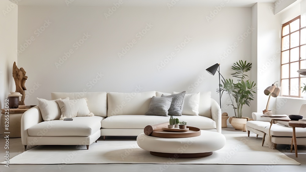 Living room with white plaster walls, sofa, and armchair. Living room with white plaster walls, sofa, and armchair.