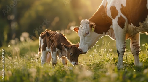 Adorable little calf standing on grassy meadow near cow while drinking milk from udder.Generative Ai photo