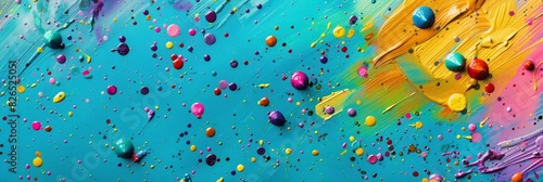 Colorful drops of water spread across a blue surface, creating a dynamic and eye-catching pattern © Ilia Nesolenyi