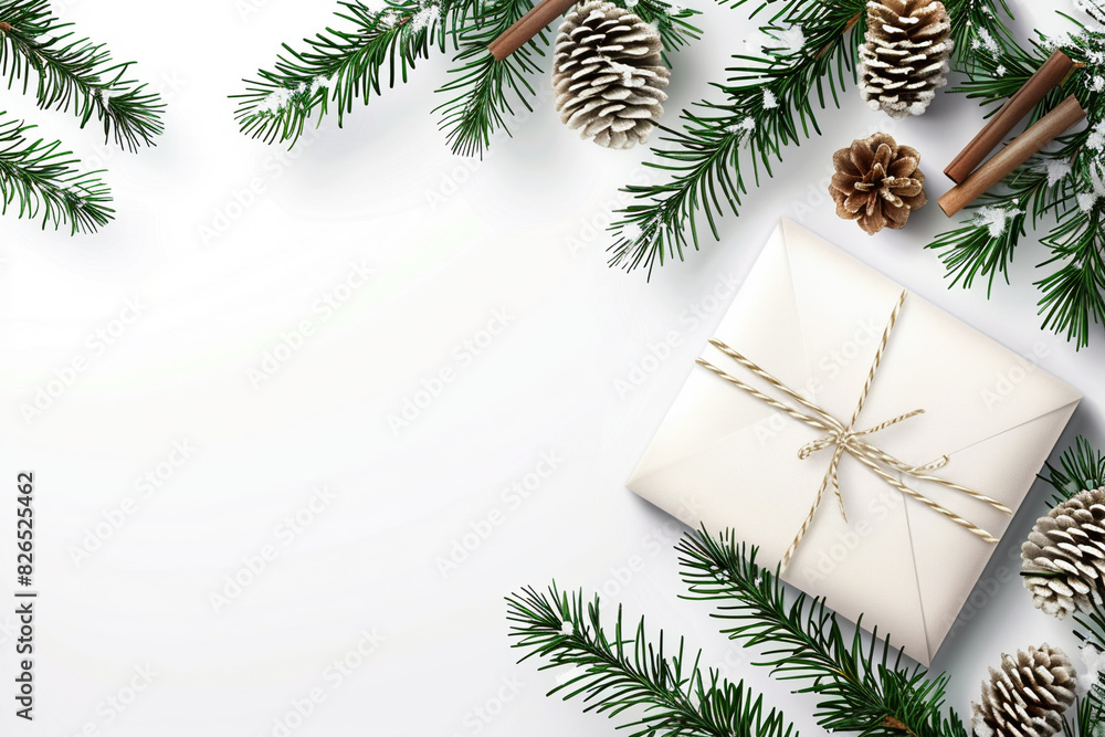 New Year Christmas frame background with tree branches present border decorations, snowflakes. Template postcard for holiday. Blank copy space for text. New Year Christmas frame background with tree branches present border decorations, snowflakes. Template postcard for holiday. Blank copy space for text.