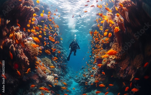 A vibrant coral reef teeming with marine life captured by a scuba diver